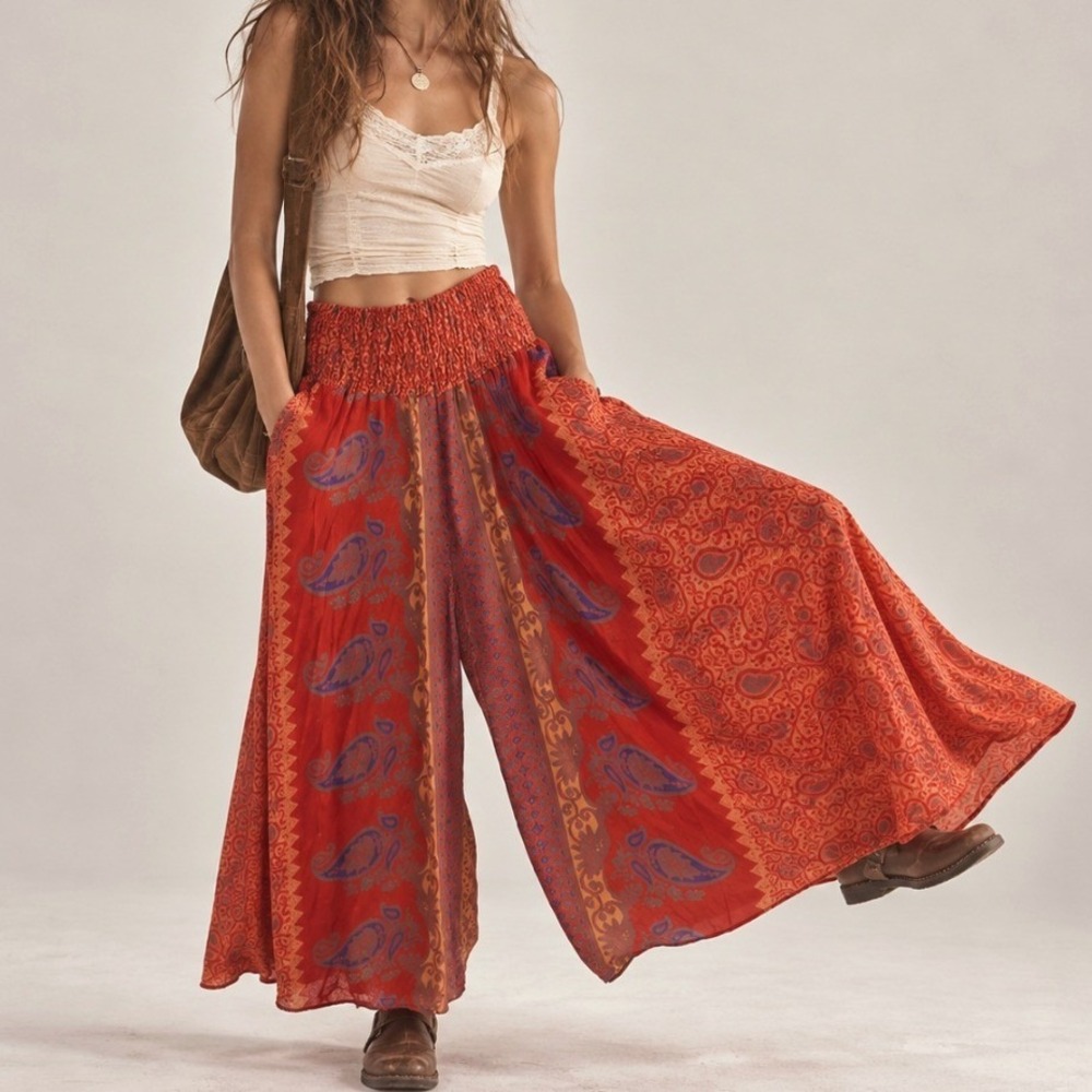 Silk Wide Leg Palazzo Pants Paisley Red Boho Flowy Fairy Festival Gypsy Lounge